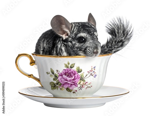 chinchilla in floral teacup sitting pretty.