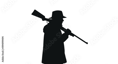 Silhouette of a hunter carrying a rifle against a white background