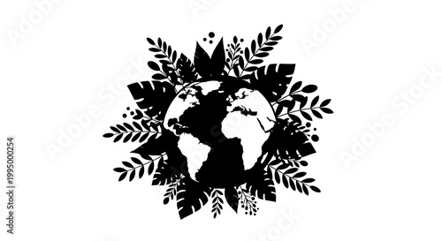 A world globe surrounded by flourishing tropical plants and foliage