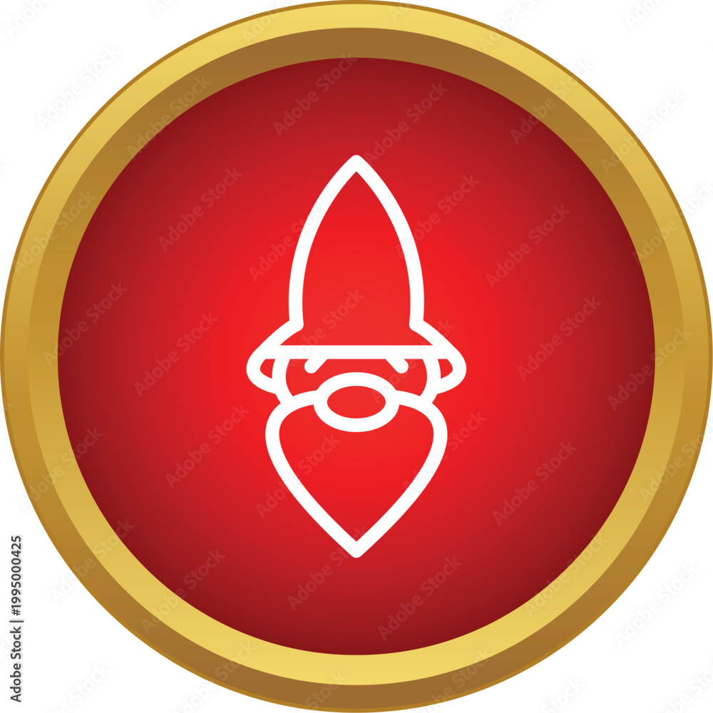 Fototapeta premium Christmas gnome head with beard and pointed hat inside a red and gold circle