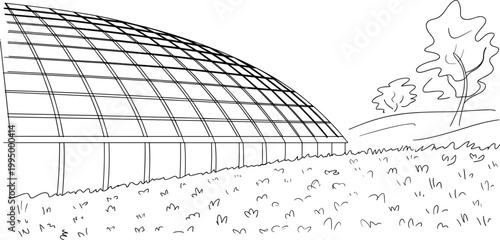 detailed architectural blueprint of modern geodesic dome greenhouse with structural grid and elevation views
