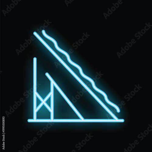 Blue neon icon of a waterpark slide glowing against a black background, perfect for designs related to summer fun and water parks