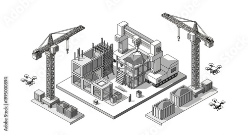 Isometric Construction Site Illustration Featuring 3D Concrete Printing Technology, Tower Cranes, and Autonomous Drones