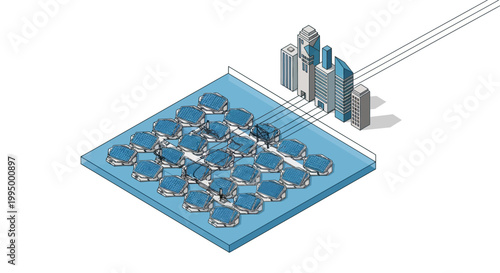 Isometric 3D Illustration of a Floating Solar Farm Powering a Modern Sustainable Smart City with Renewable Green Energy