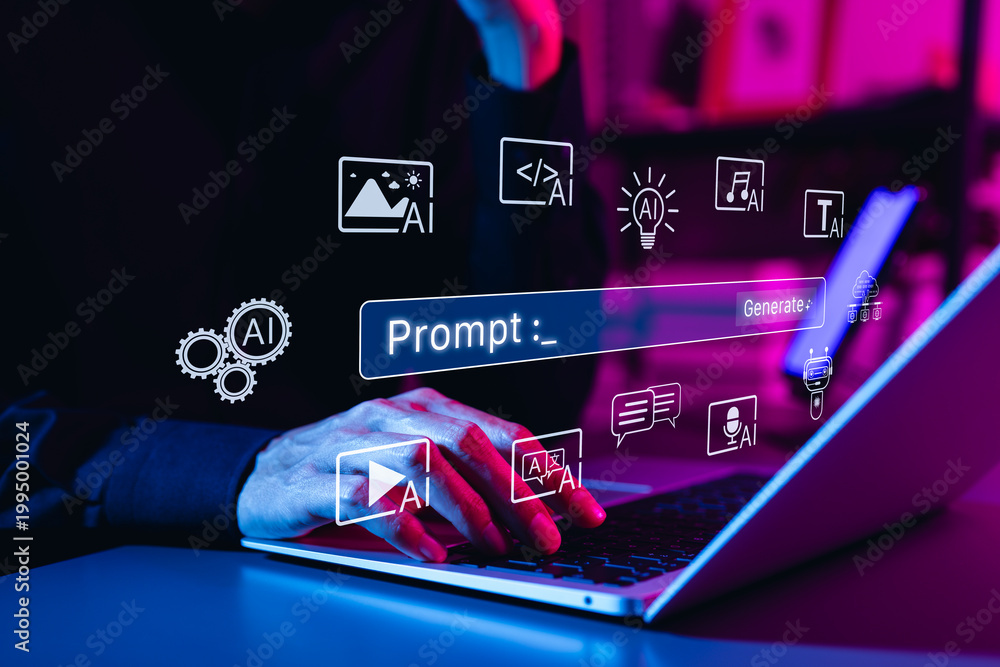 Naklejka premium AI prompt and generative content creation concept. Person using laptop with prompt, generate, and multimodal AI icons, representing text, image, audio, design, code, smart content workflow, AI Agents