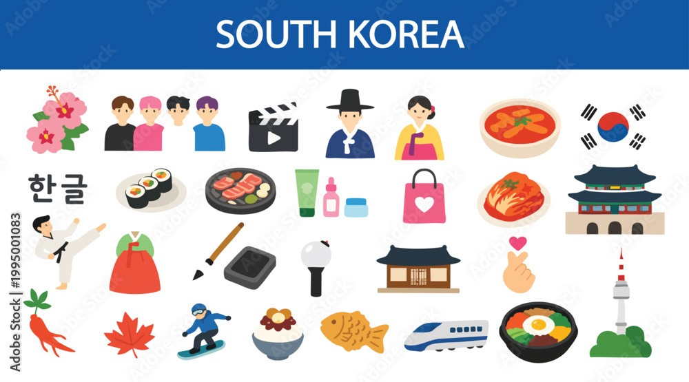 Naklejka premium South Korea Culture Icon Set Flat 2D Illustration Isolated on White Background