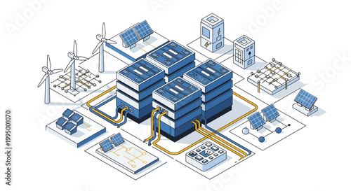 Sustainable Data Center with Solar Panels and Wind Turbines Isometric Illustration of Green Energy Technology and Cloud Computing Infrastructure