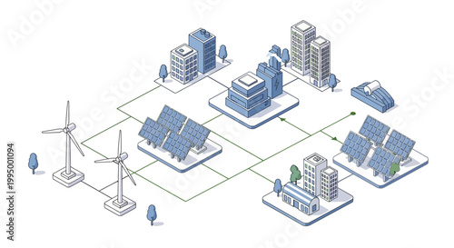Isometric Smart City Energy Grid Illustration with Solar Panels, Wind Turbines and Battery Storage