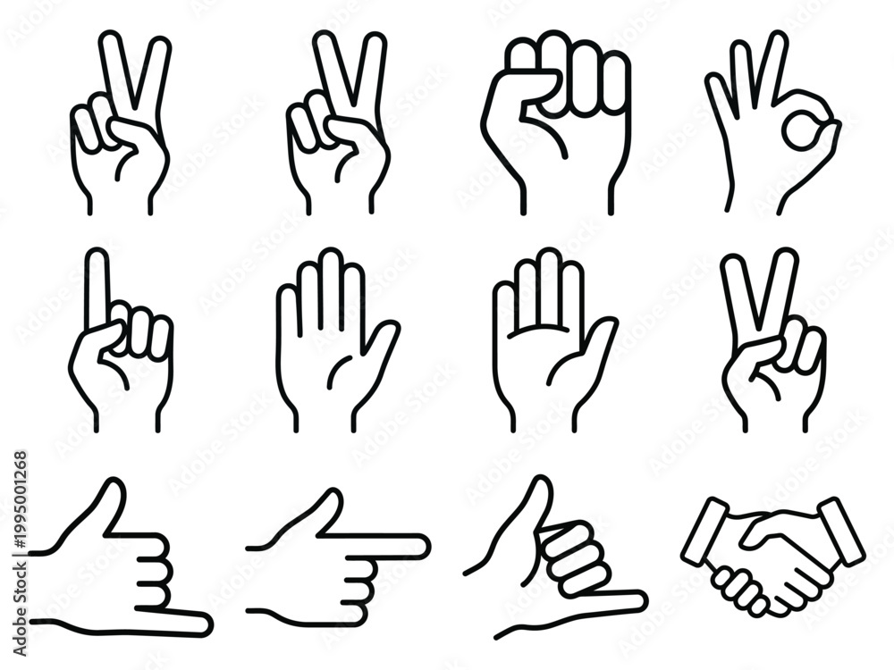 Obraz premium Diverse hand gestures and symbols icons with ok sign thumbs up shaka sign number one illustration peace