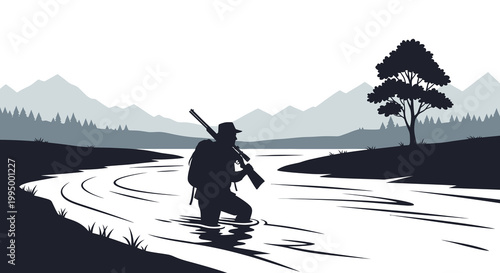 Hunter wading through a river in a mountainous landscape silhouette