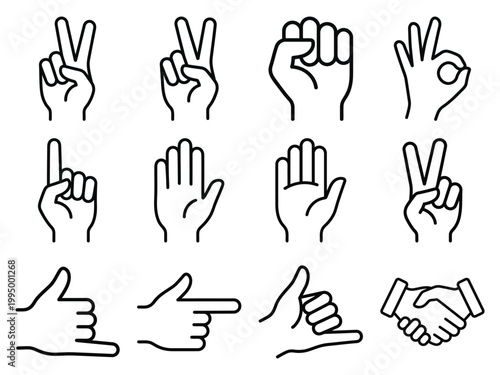 Diverse hand gestures and symbols icons with ok sign thumbs up shaka sign number one illustration peace