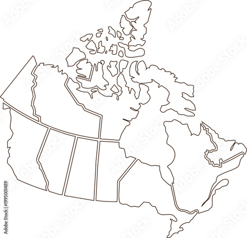 Black and white outline map of canada with defined provinces and