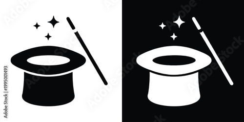 Magic wand and hat icon vector, Magic hat with Stars black silhouette vector