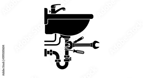 Black and white icon depicting a sink with plumbing tools nearby