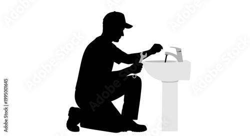 Silhouette of a plumber repairing a bathroom sink with tools