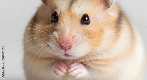 Adorable close-up portrait of a fluffy golden hamster with its tiny paws held together