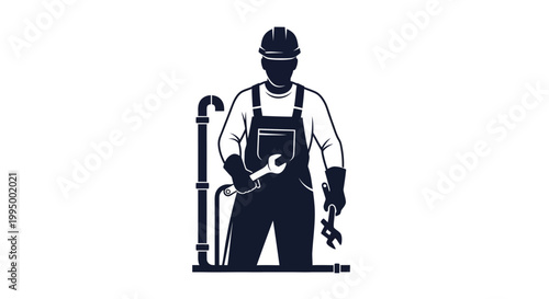 Silhouette of a plumber with tools standing near piping