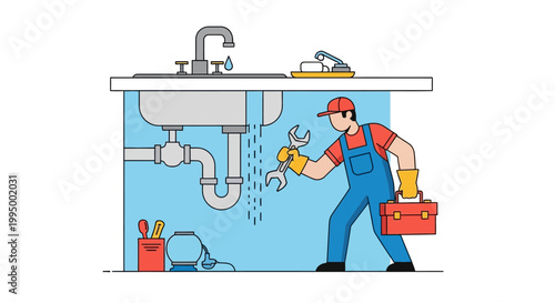 A plumber repairs leaky pipes under a kitchen sink with tools