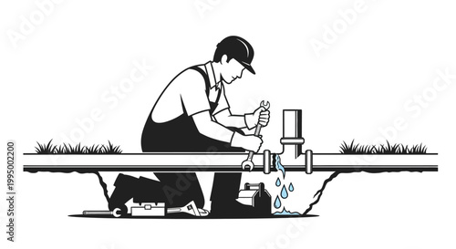 A plumber repairs a leaking pipe while kneeling near a toolbox