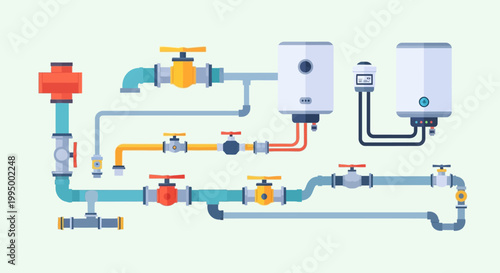 Schematic illustration of a complex residential plumbing and heating system