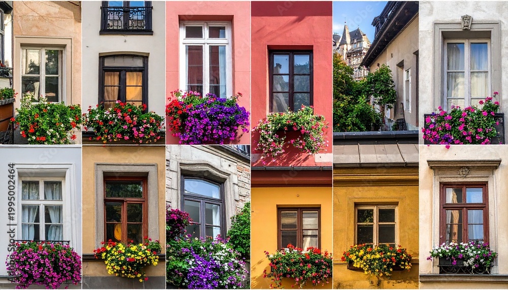 Fototapeta premium Collage of colorful windows with flower boxes, symbolizing architectural diversity and floral charm.