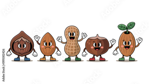 Cute cartoon nuts characters set with happy faces and hands waving character collection hazelnut isolated