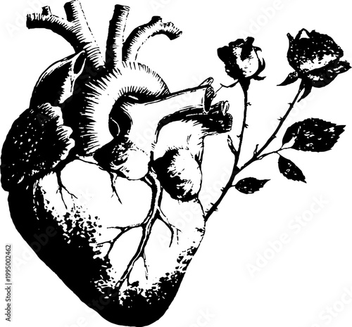 Anatomical heart entwined with roses high contrast black drawing for tattoo design background poster and stationery