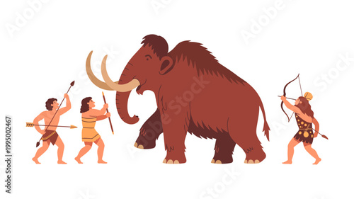 Prehistoric cavemen hunting a giant woolly mammoth with primitive spears and bow prehistoric primitive