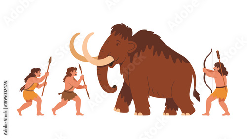 Ancient primitive hunters stalking a large woolly mammoth in prehistoric times with prehistoric, primitive