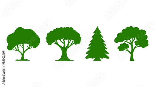 Collection of green tree silhouettes with different shapes and types on white background silhouette landscape