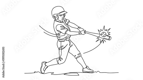 Continuous line art illustration of a baseball player hitting a ball with a bat.
