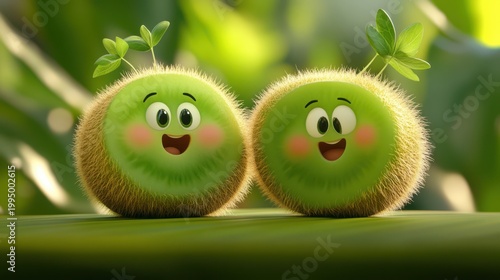 Cheerful fuzzy green fruit sprout characters with happy faces and small leaves emerging, representing growth, freshness, and nature.