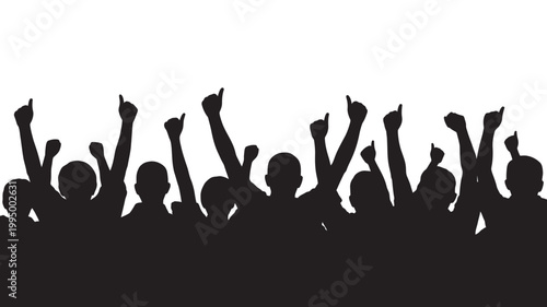 Excited crowd silhouettes with raised hands cheering and celebrating silhouette cheering celebration