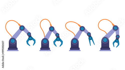 Collection of four purple automated robotic arms with gripper tools industrial automation manufacturing