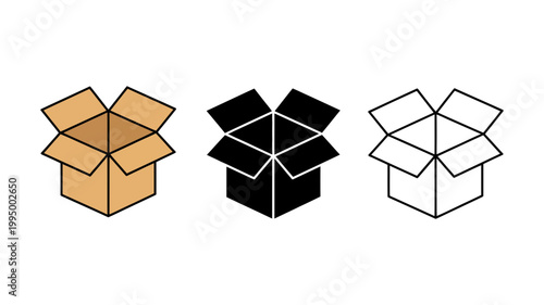 Three empty open cardboard boxes in different styles isolated on white background with cardboard, packaging