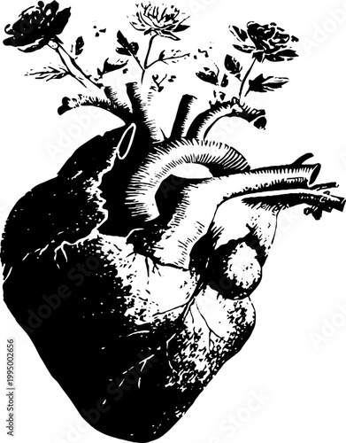 High contrast black and white anatomical heart with rose crown for romantic tattoo poster and vintage background design
