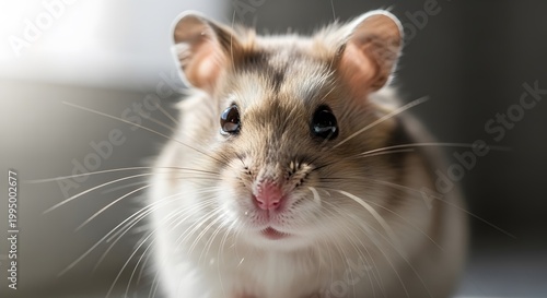 Close-up portrait of an adorable hamster with long whiskers and bright eyes in soft light