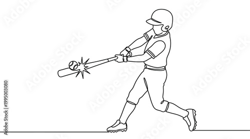 Continuous line drawing of a baseball player hitting a ball.