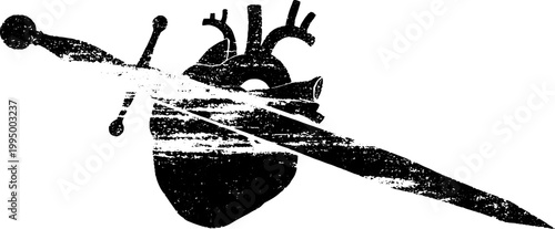 Anatomical heart pierced by sword distressed black and white composition for tattoo and poster design