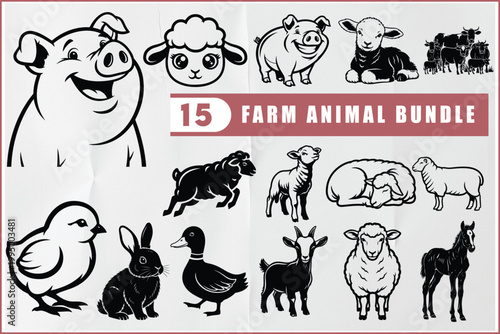 Farm animal bundle with various black illustrations