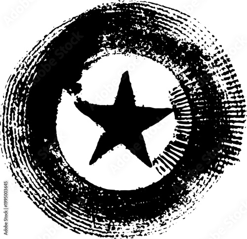 Star emblem inside textured ink circle in high contrast black and white for vintage badge and poster design