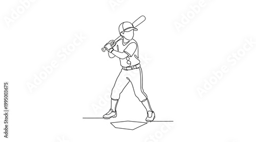 Continuous line drawing of a baseball player standing at home plate ready to bat.