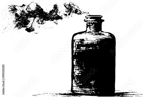 Vertical alchemy bottle with smoky plume high contrast black and white ink illustration for poster and label design