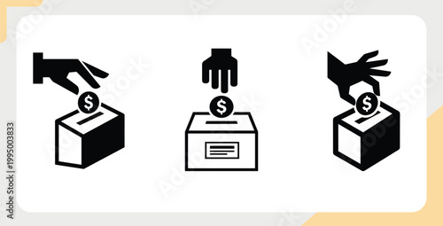 Donation box icons with hand inserting coins giving back donation fundraising