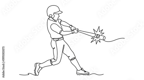 Continuous single line drawing of a baseball player hitting a ball.