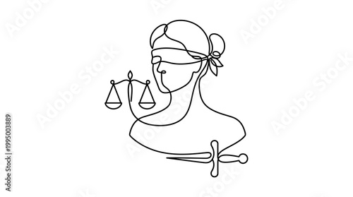 Continuous single line drawing of Lady Justice with scales and sword.