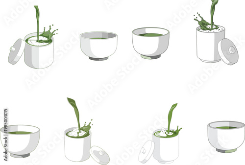 Traditional matcha green tea pouring set with liquid splashes ceramic bowls and lidded canisters for Japanese tea ceremony cafe menu design