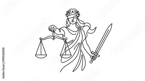 Continuous line drawing of Themis goddess of justice holding scales and sword.