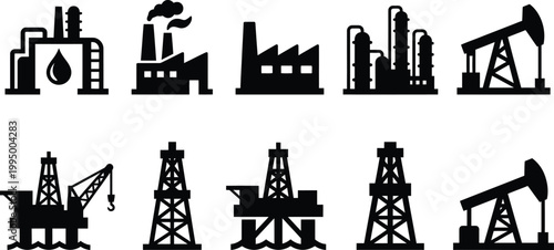 Industrial Oil and Gas Icon Set with Petroleum Refinery Silhouettes Offshore Drilling Rig and Fuel Pumpjack Icons for Energy Sector Infographics Corporate Branding and Global Fuel Market Reports