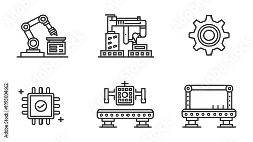 Industrial Icons: Collection of line art industrial and technological icons with gears, robot arms and machinery represents industry and automation